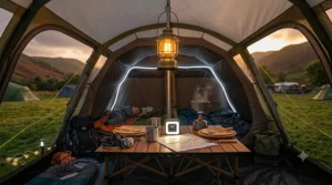 A bright LED lantern illuminating a large family tent living area in the evening.
