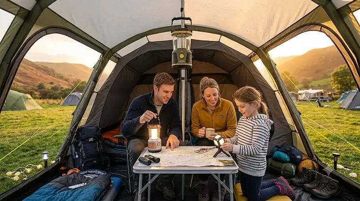 Warm glow from a rechargeable LED lantern hanging inside a family camping tent at night. best tent light
