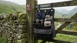 Secure strap and buckle mechanism attaching the boot organiser to a tent ladder.