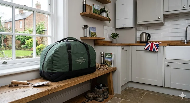A premium green canvas breathable tent storage bag sitting on a rustic wooden bench in a British utility room, featuring a classic sash window looking out onto a damp garden. breathable tent storage bag