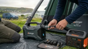 A compact and portable air tent pump stored in its protective carry bag, perfect for UK boot space.