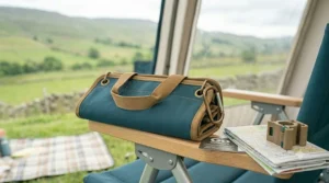 The tent organiser folded into a compact size, demonstrating its portability for travel.