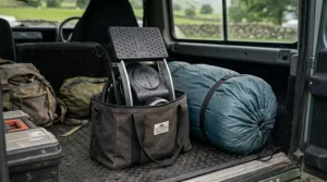 A folded, compact foot pump with a locking clip being packed into a camping equipment bag next to a rolled-up air tent.