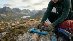 A high-detail 4K photograph of a blue alloy tent mallet laid flat on a rock next to a compact backpacking stove to visually demonstrate its small size.