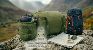 An illustration showing a versatile compression bag being used to downsize bulky sleeping bags and spare clothing for a Duke of Edinburgh expedition.
