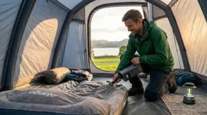 A rechargeable camping pump being used to quickly deflate an air bed for easy packing at the end of a trip.