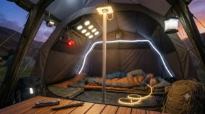 Dimmable lantern providing soft, warm atmospheric lighting inside a sleeping tent.