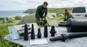 A close-up shot of various nozzle attachments and adaptors included with a double action pump for camping, laid out on a groundsheet.