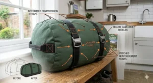 Detailed view of the tent bag tightly compressed by dual integrated straps with secure cam-lock buckles, ensuring uniform force across stitched reinforcement points.