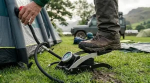 A rugged, anti-slip foot pump for an air tent being used on damp, muddy grass at a British campsite.