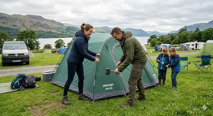 A durable rubber mallet for tent pegs resting on a British campsite grass pitch. rubber mallet for tent pegs