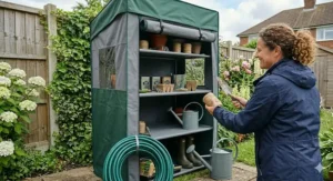 Person assembling the frame of a portable fabric storage shelf tent.