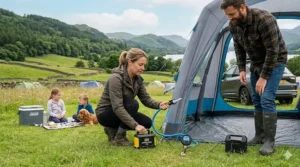 A supporting graphic displaying an electric camping pump with a complete set of interchangeable nozzle attachments, suitable for inflating various items like airbeds and kayaks.