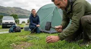 Side view showing the comfortable, non-slip handle grip of a rubber mallet for tent pegs.