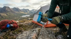 A close-up, photorealistic 4K photograph of a camper using the integrated hook puller at the base of a blue lightweight tent mallet to extract a stubborn peg from stony mountain ground.