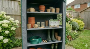 Secure fabric storage shelf tent used as an outdoor shelter for bicycles.