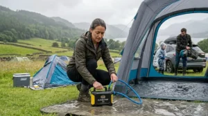 A practical illustration showing a camping couple in typical British weather quickly deflating and packing up their large tent using an electric air pump's fast deflation mode.