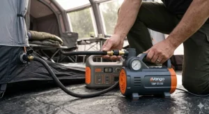 Demonstrating the fast inflation speed of the best air tent pump, reducing setup time at the campsite.