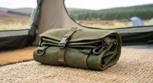 A compact, folded tent hanging organiser for easy storage in a rucksack.
