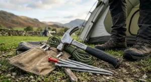 A rust resistant galvanised steel camping hammer lying on damp grass outside a tent during a rainy UK camping trip.