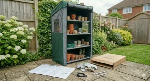 A fabric storage shelf tent neatly housing outdoor tools and children’s toys.