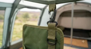 Sturdy hooks on the tent organiser for easy attachment to tent poles.