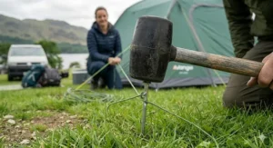 Durable rubber head of a mallet specifically designed for hammering in tent pegs.