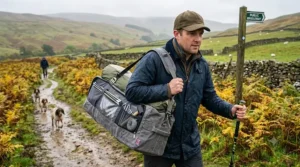 A camper wearing a waxed cotton jacket uses the padded shoulder straps of a rugged tent bag to carry gear across a muddy British public bridleway.