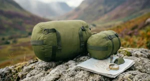 A step-by-step diagram showing how to fold, roll, and fasten a camping tent inside a compression sack.