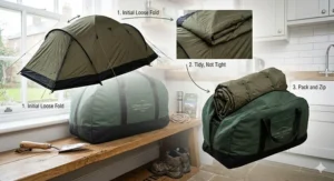 Three-step graphic demonstrating how to loosely fold a camping tent tidy but not tight, before packing and zipping it into the green storage bag.