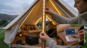 A detailed close-up of hands attaching an LED strip light to a tent pole with small clips.