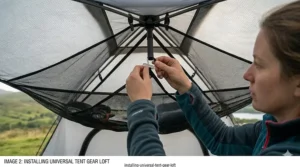 A close-up, high-detail photograph of a hiker’s hands installing a universal tent gear loft by clipping the mesh attachments to the inner tent pole structure, capturing the ease of setup.