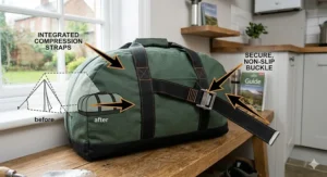 Profile view of the canvas bag showing an integrated horizontal compression strap with a secure, non-slip metal buckle reducing bulk from a packed tent.
