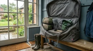 An open, spacious canvas storage bag on a boot room bench showing a neatly folded family tent packed inside alongside dedicated compartments for poles and pegs.