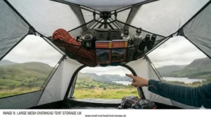 A high-detail, 4K image showing a large mesh overhead tent storage loft packed with camping supplies, including a cooking stove, maps, and water bottles, perfect for group camping trips in the UK.
