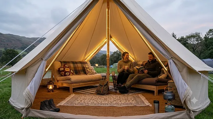 Luxurious interior of a canvas bell tent with warm LED strip lights, a couple relaxing, and outdoor gear. LED strip lights for tent