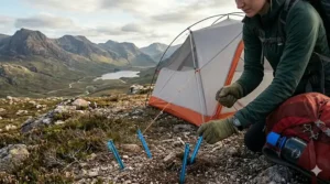 A photorealistic 4K shot of a wild camper kneeling by their pitch, using gloved hands to carefully secure and adjust the orange guyline of an ultralight backpacking tent.