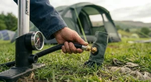 A selection of universal nozzle attachments and valve adapters compatible with major UK air tent brands.