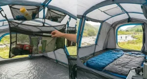 A mesh gear loft for a tent keeping small items within reach during the night.