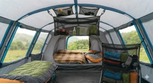 The interior of a family camping tent showing the space-saving benefits of a mesh gear loft.