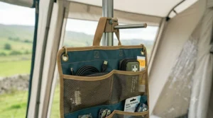 Close-up of the breathable mesh pockets designed for quick access to small camping items.