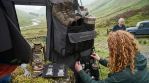 Muddy walking boots stored neatly in an organiser outside a family tent.