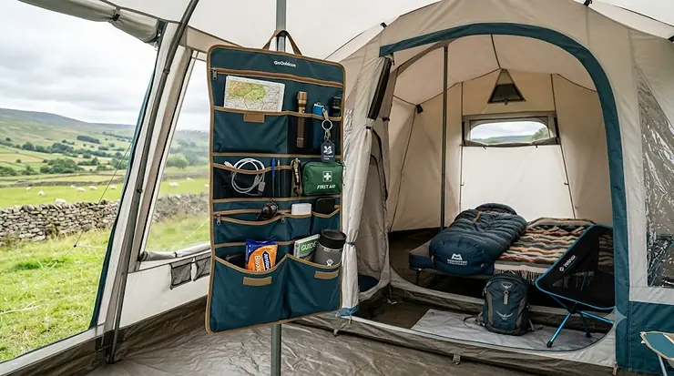 A multi-pocket tent organiser hanging inside a family tent, filled with camping essentials. multi pocket tent organiser
