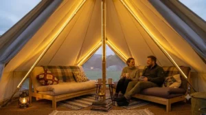 An internal overhead shot of a large canvas bell tent with the full LED strip light installation.