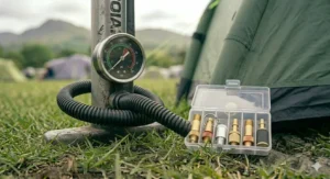 Illustration of a lightweight manual hand pump being neatly packed into a camping gear bag alongside a folded air tent.