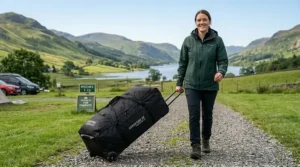 A smiling camper pulling a large canvas wheeled tent bag with a telescopic handle along a gravel track at a picturesque UK campsite.