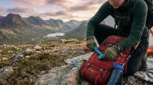 A photorealistic 4K photograph of a backpacker packing away their blue lightweight mallet into a red rucksack on a mountain ridge at sunset, highlighting its packability for wild camping.