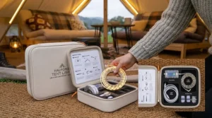 A portable LED strip lighting kit packed in a bespoke carry case, sitting on a jute rug.