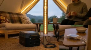 A portable power station sitting in a tent, with a connection to the LED strip lights.