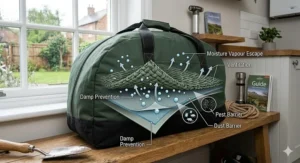 Cross-section graphic of the fabric layers highlighting damp prevention features, showing how condensation and moisture vapour escape while maintaining a secure dust barrier.